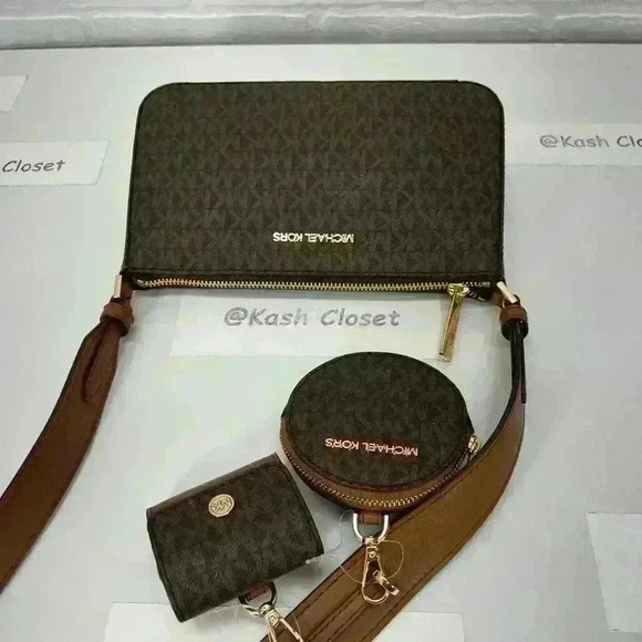 Michael Kors Crossbody Tech Attach Small Jet Set Travel MK Signature Brown - Picture 4 of 12